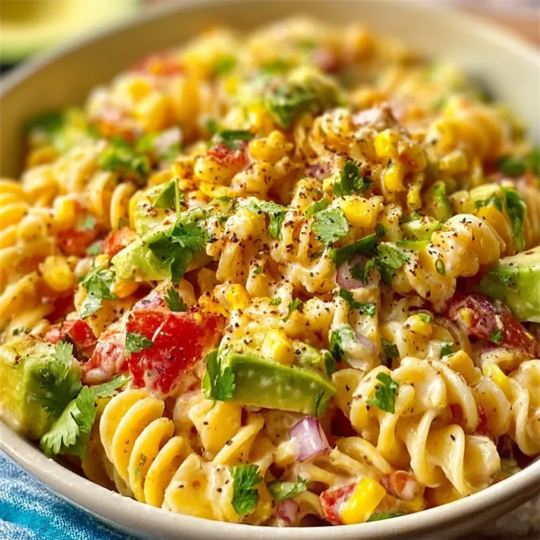 Bowl of Mexican street corn pasta salad topped with cilantro and cheese