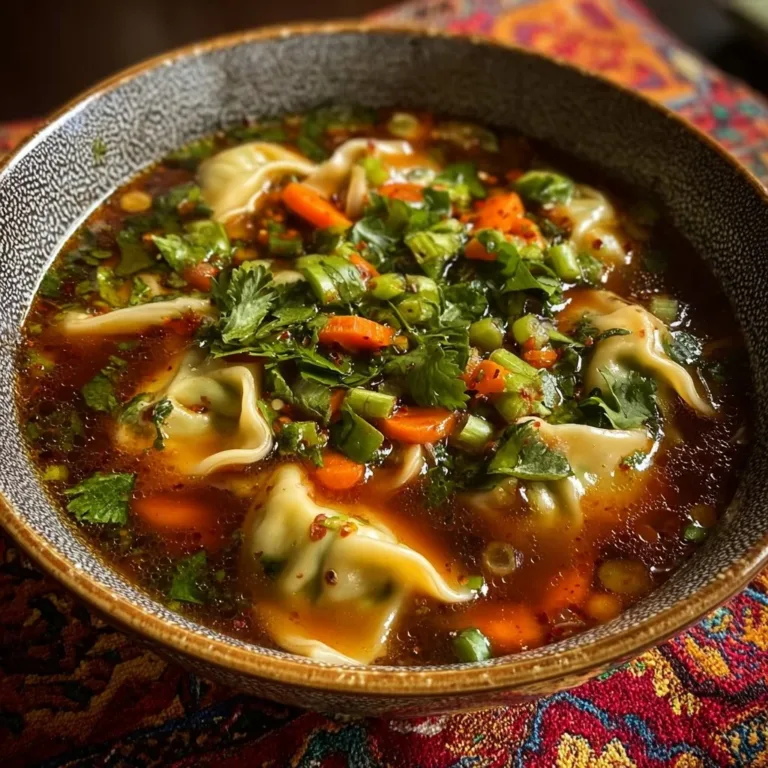 Bowl of savory spicy potsticker soup with fresh vegetables