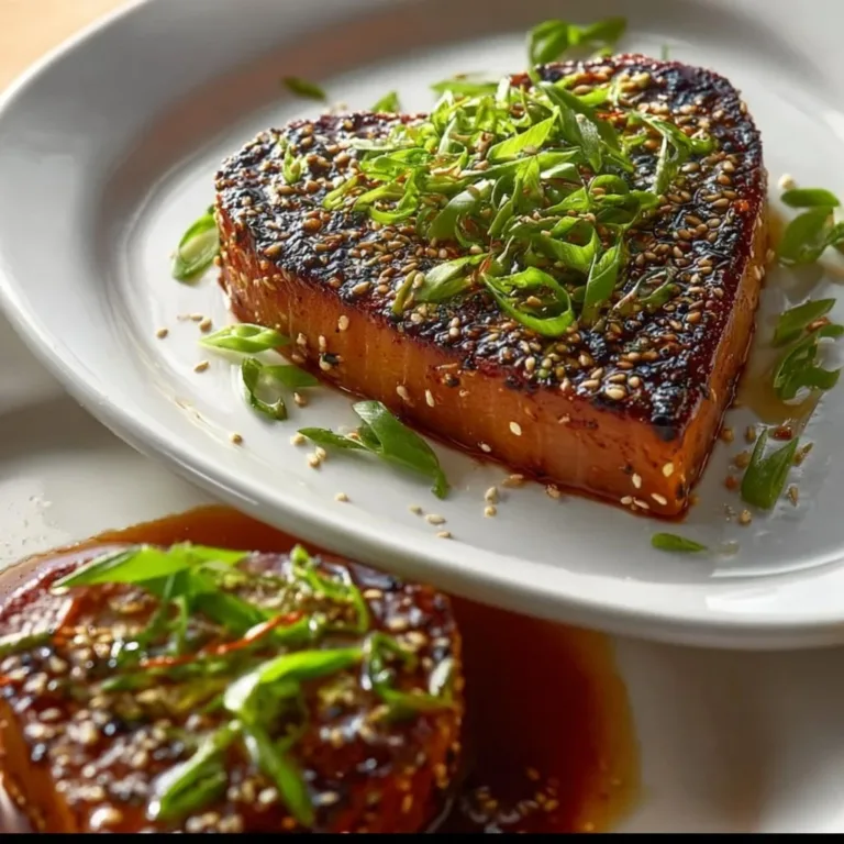 Sesame crusted tuna steaks garnished on a plate with vegetables