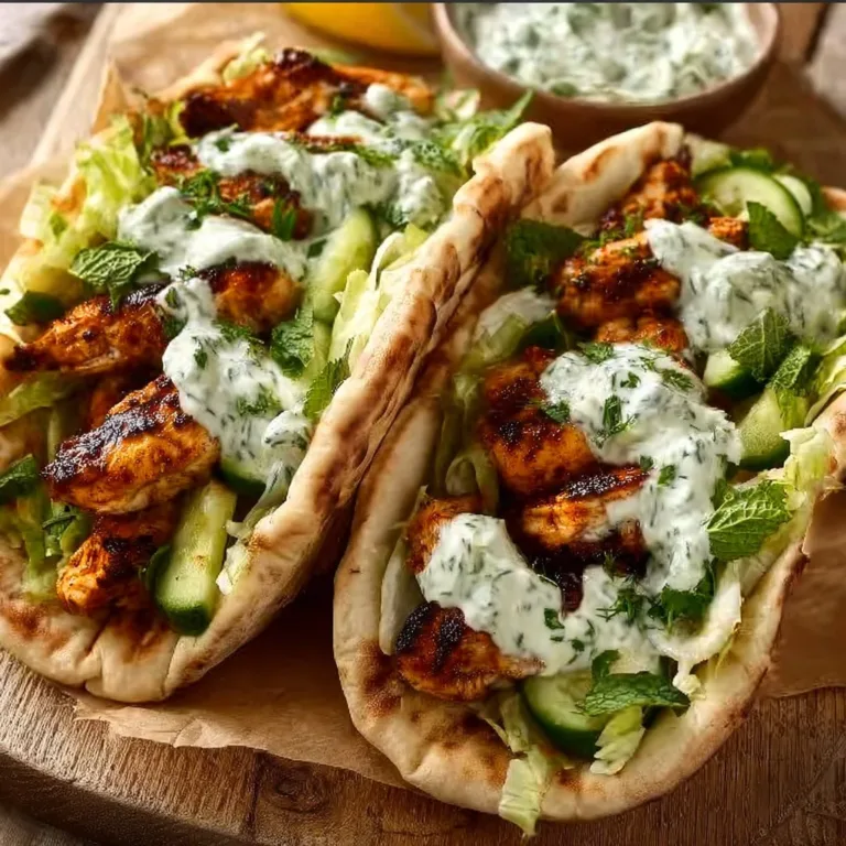 Sheet pan chicken pitas served with herby ranch dressing on a rustic table.