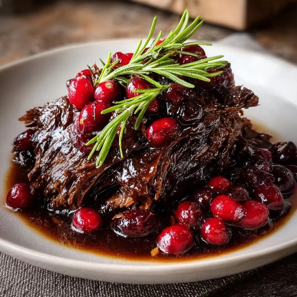 Slow-braised beef roast with cranberry balsamic glaze on a plate.