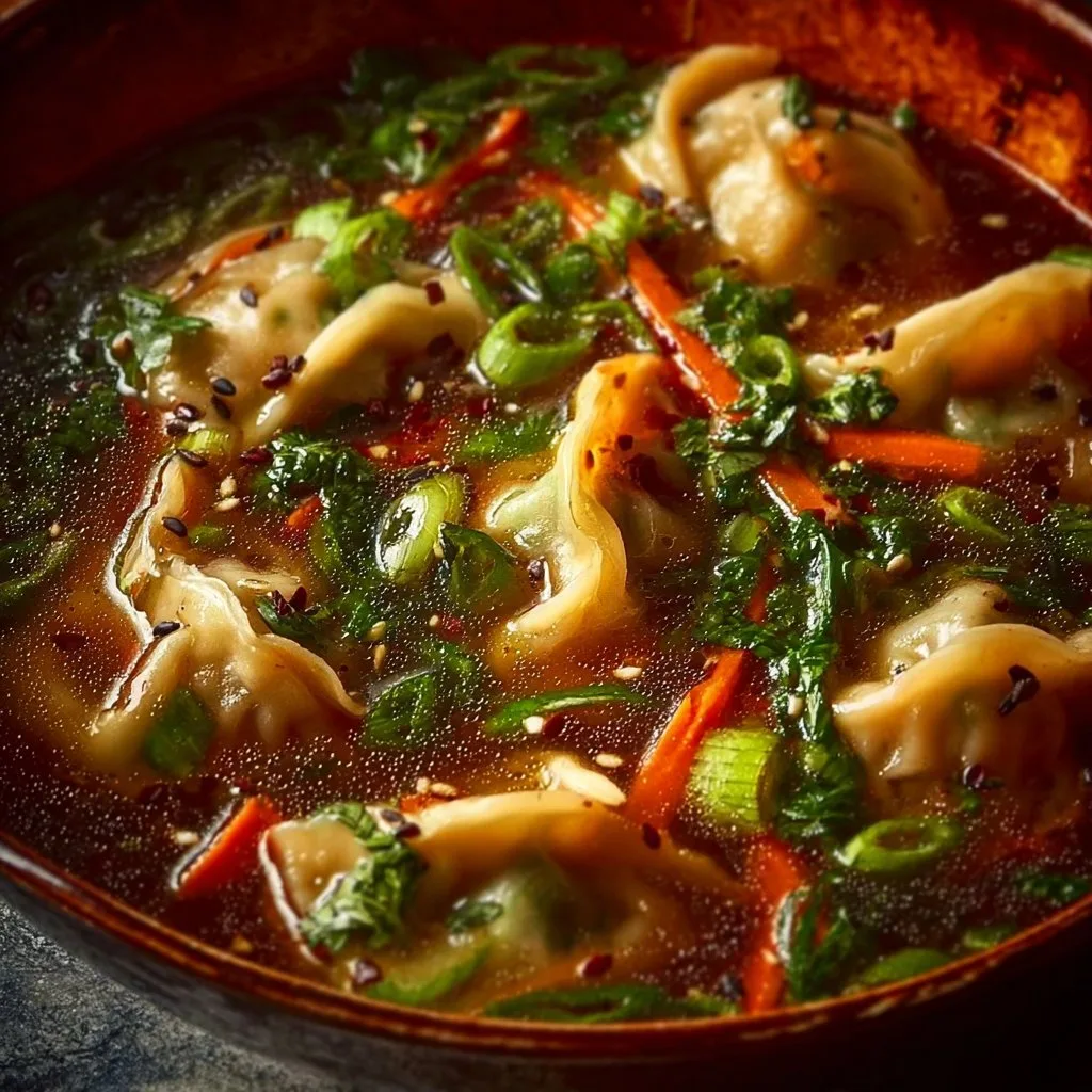 Savory Spicy Potsticker Soup with Fresh Vegetables