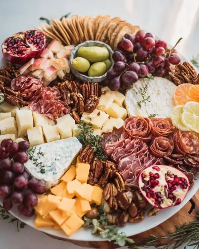 Beautiful Winter Wonderland grazing tray with seasonal treats and decorations.