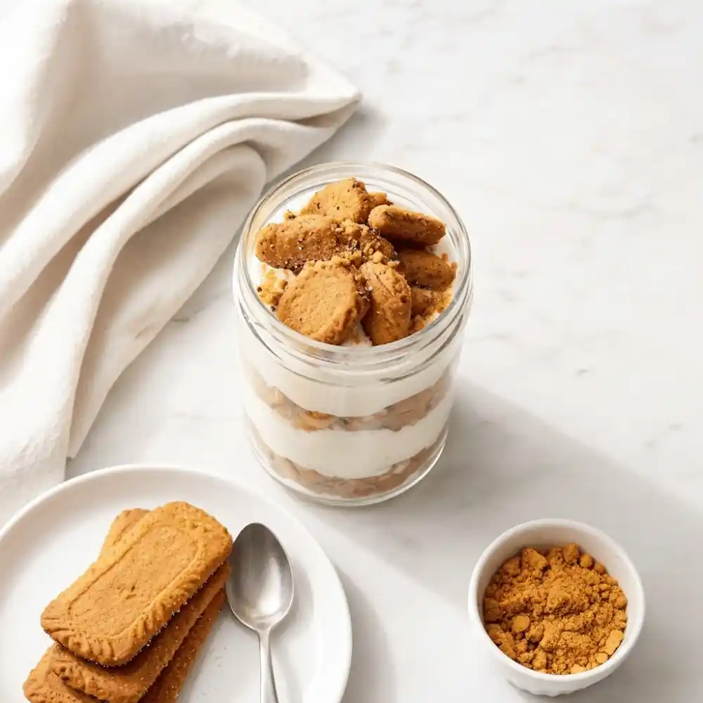 Single jar of Japanese 2-ingredient yogurt cheesecake with cookie layers, spoon beside it, extra cookies on a small plate.