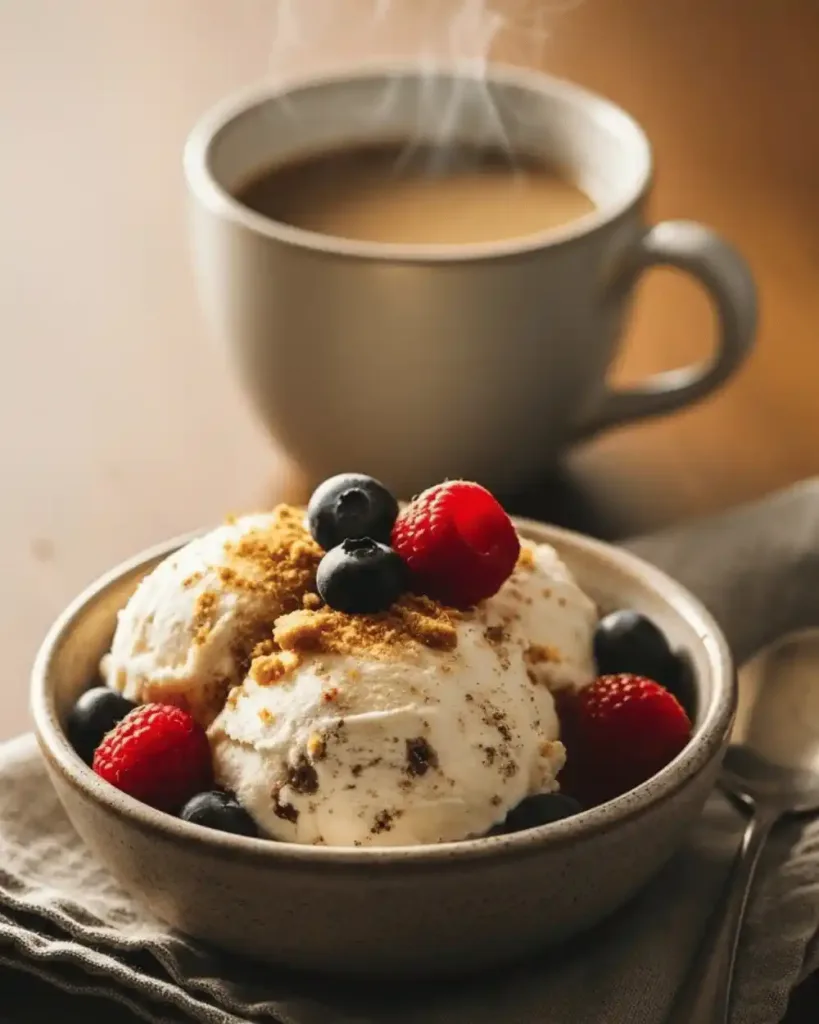 Two dessert bowls filled with scoops of yogurt cookie cheesecake topped with crushed cookies and fresh berries, with coffee nearby.