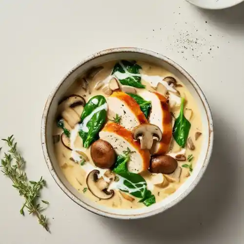 Recipe card image of creamy rotisserie chicken and mushroom soup with shredded chicken and mushrooms