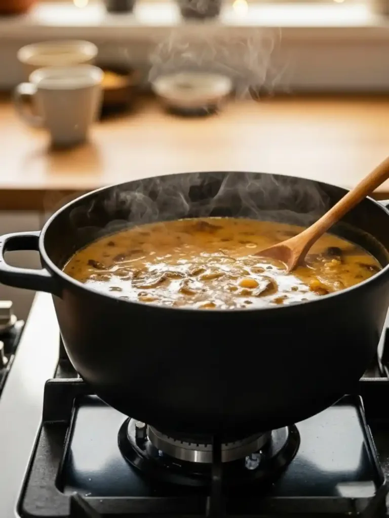 Pot of creamy rotisserie chicken and mushroom soup simmering on the stove with steam rising