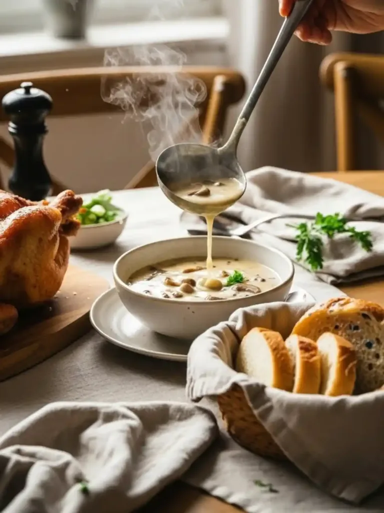Serving creamy rotisserie chicken and mushroom soup into bowls with bread on the side