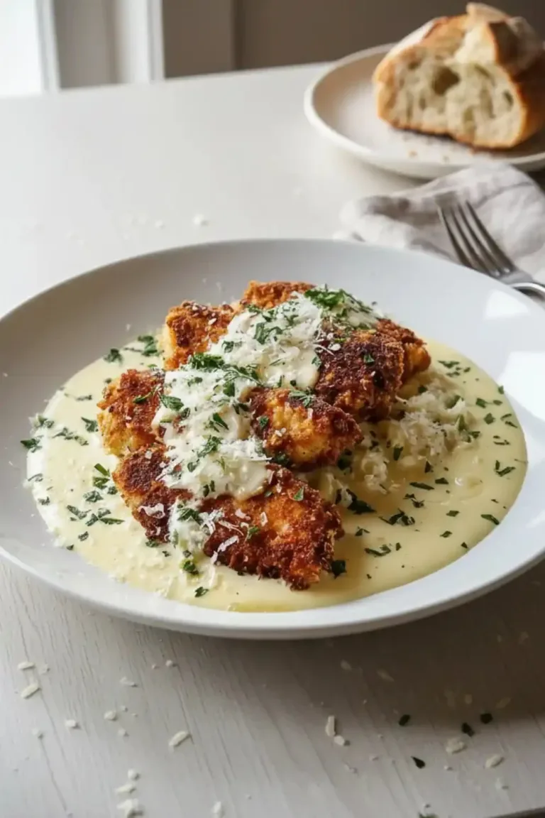 Crispy Parmesan Chicken plated with garlic cream sauce, garnished with parsley.