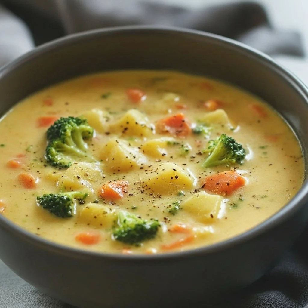 Crockpot potato broccoli cheddar soup served in a bowl