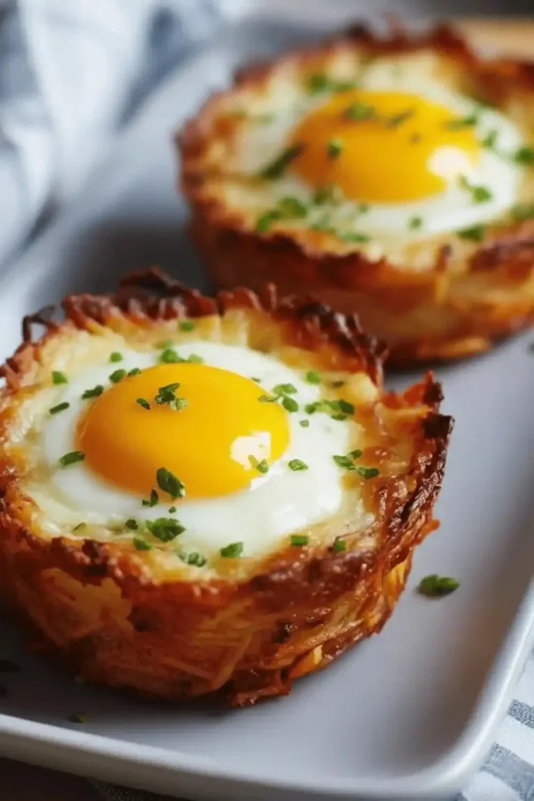 Eggs served in golden crispy hash brown baskets for a delicious breakfast.