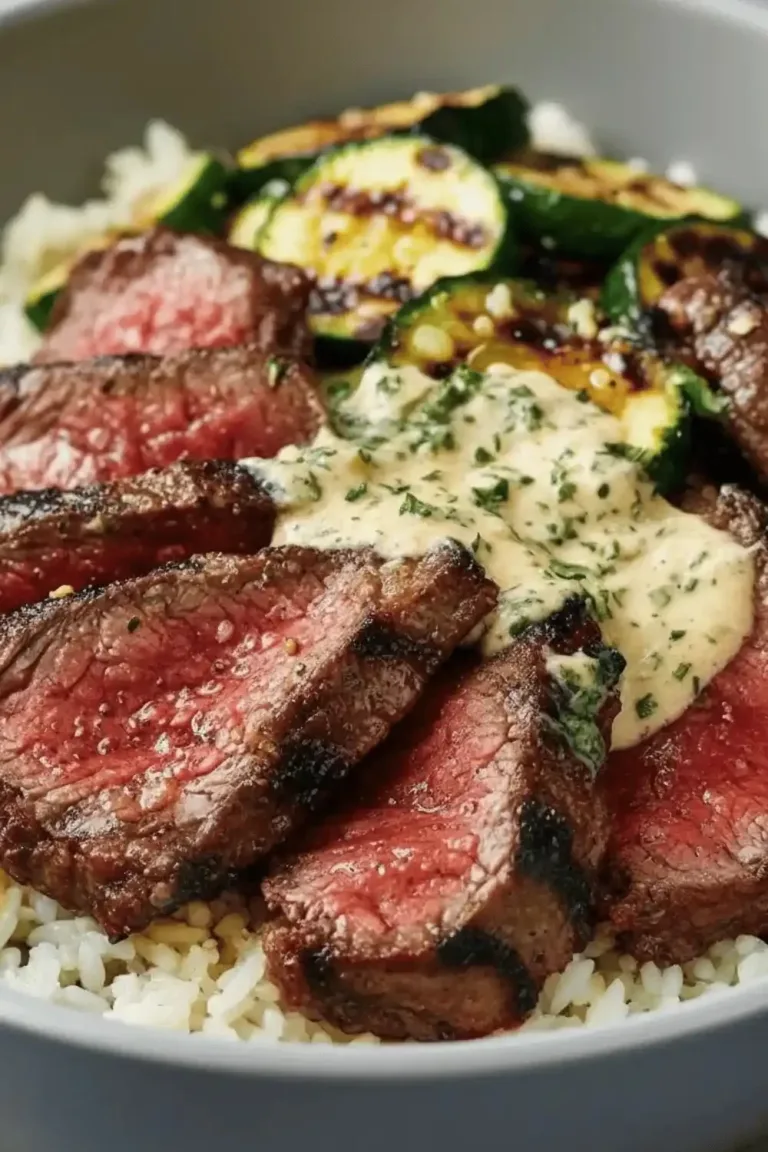 Grilled steak bowl with sauce and grilled zucchini for a wholesome meal