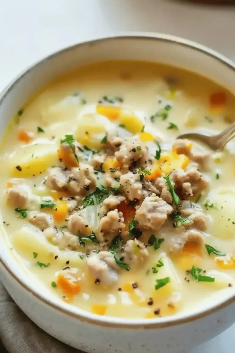 Delicious sausage potato soup in a bowl garnished with herbs