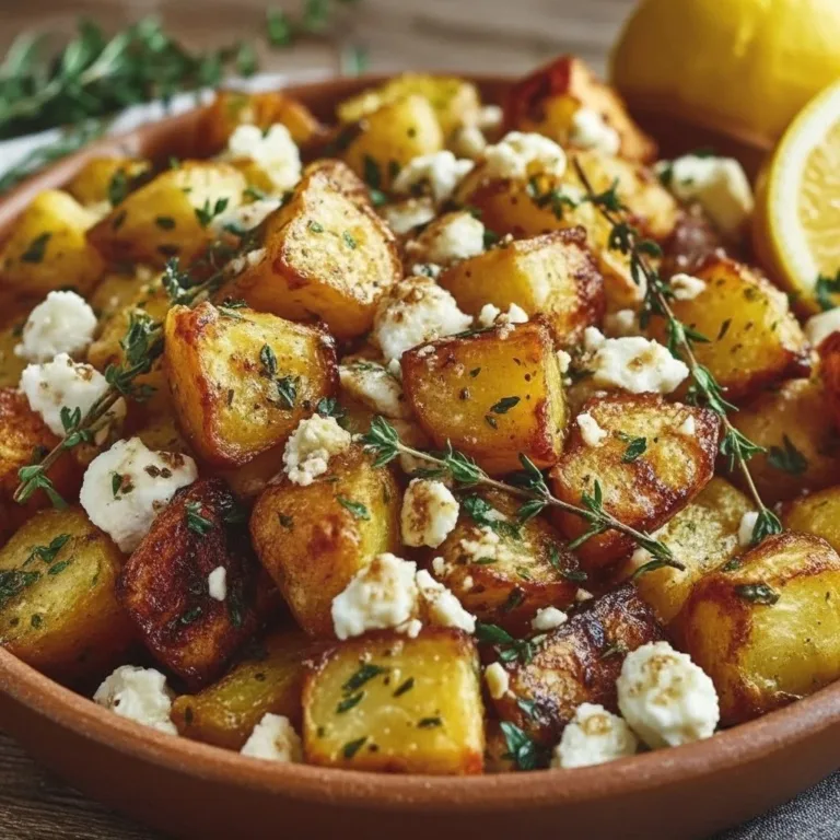 Lemon Feta Potato Dish garnished with herbs and served in a bowl