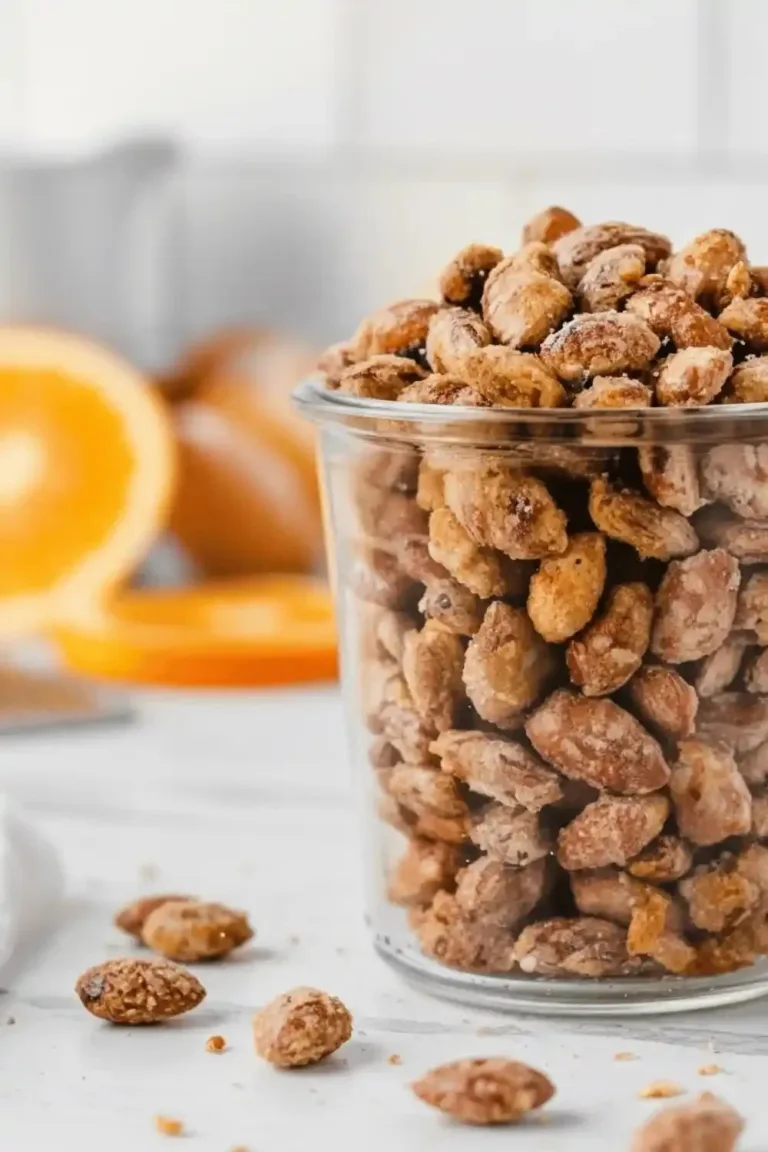 Orange candied almonds sprinkled with zest for a sweet, crunchy treat.