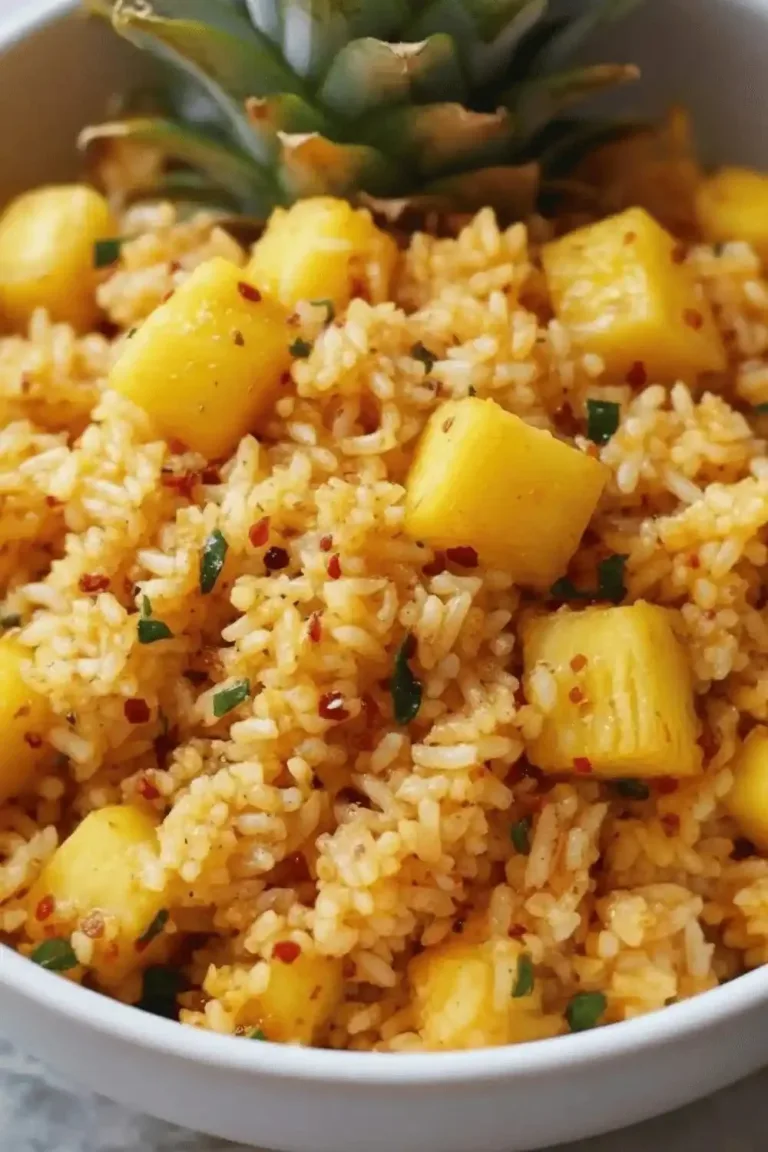 Delicious pineapple rice garnished with fresh herbs and served in a bowl.
