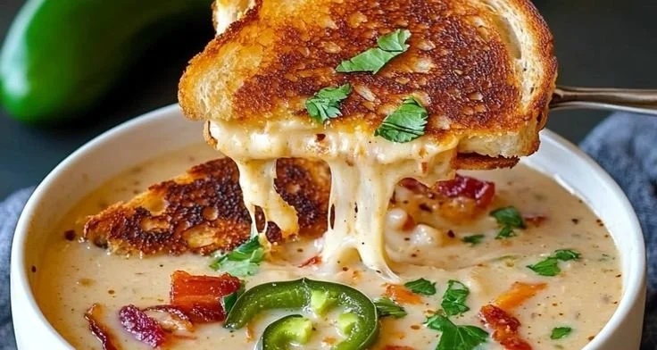 Spicy Jalapeño Popper Soup with Grilled Cheese Dippers