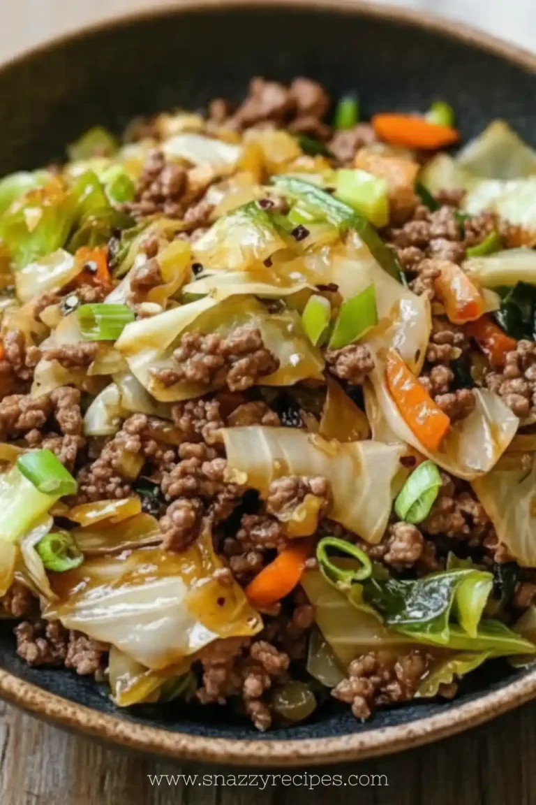 Healthy Chinese Ground Beef Stir Fry with cabbage in a colorful bowl