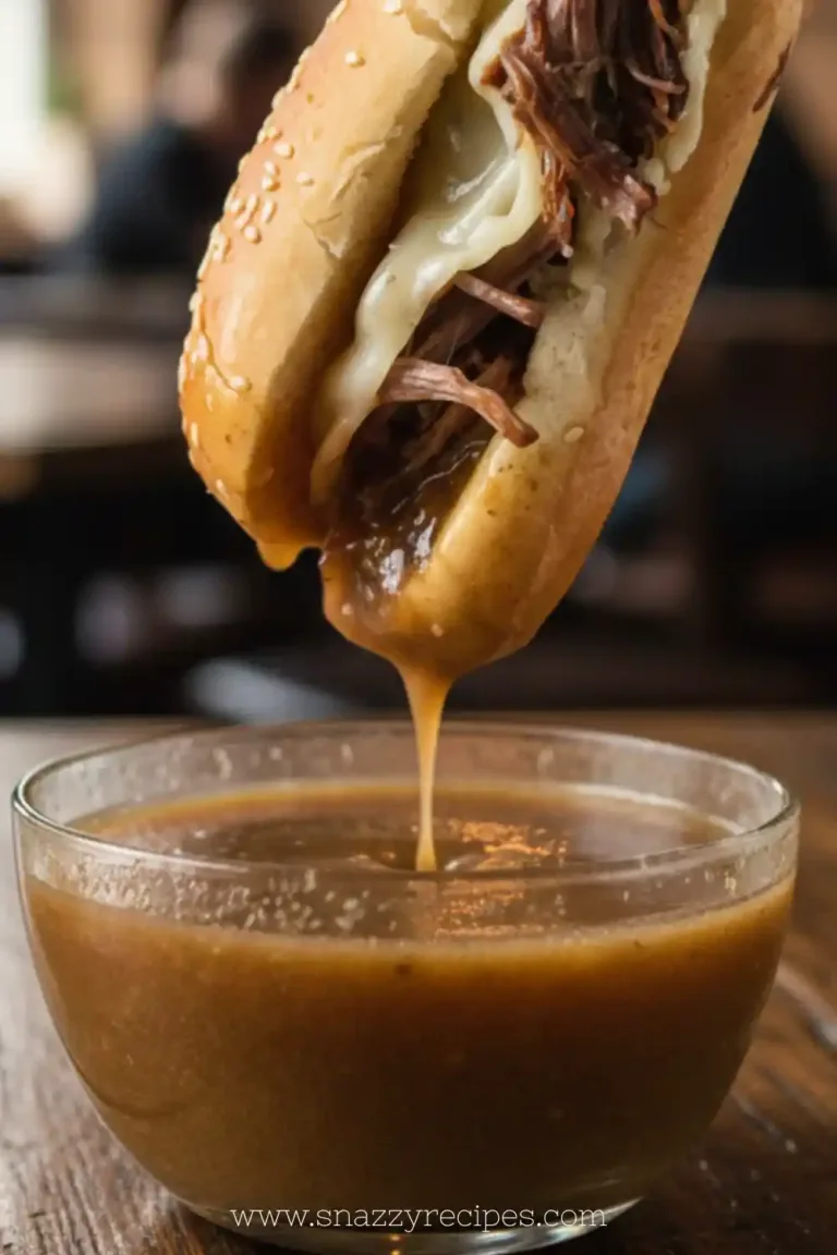 Delicious slow-cooked French dip sandwich served with au jus