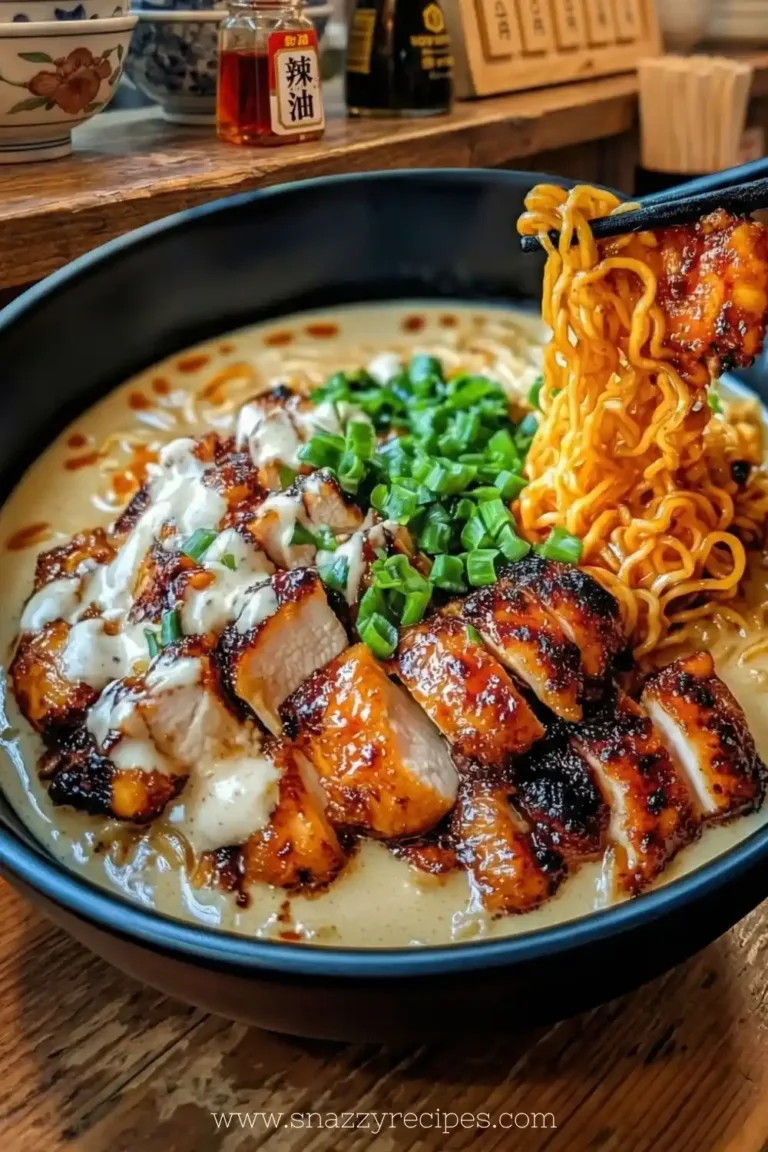 Spicy chicken ramen with creamy garlic sauce in a bowl