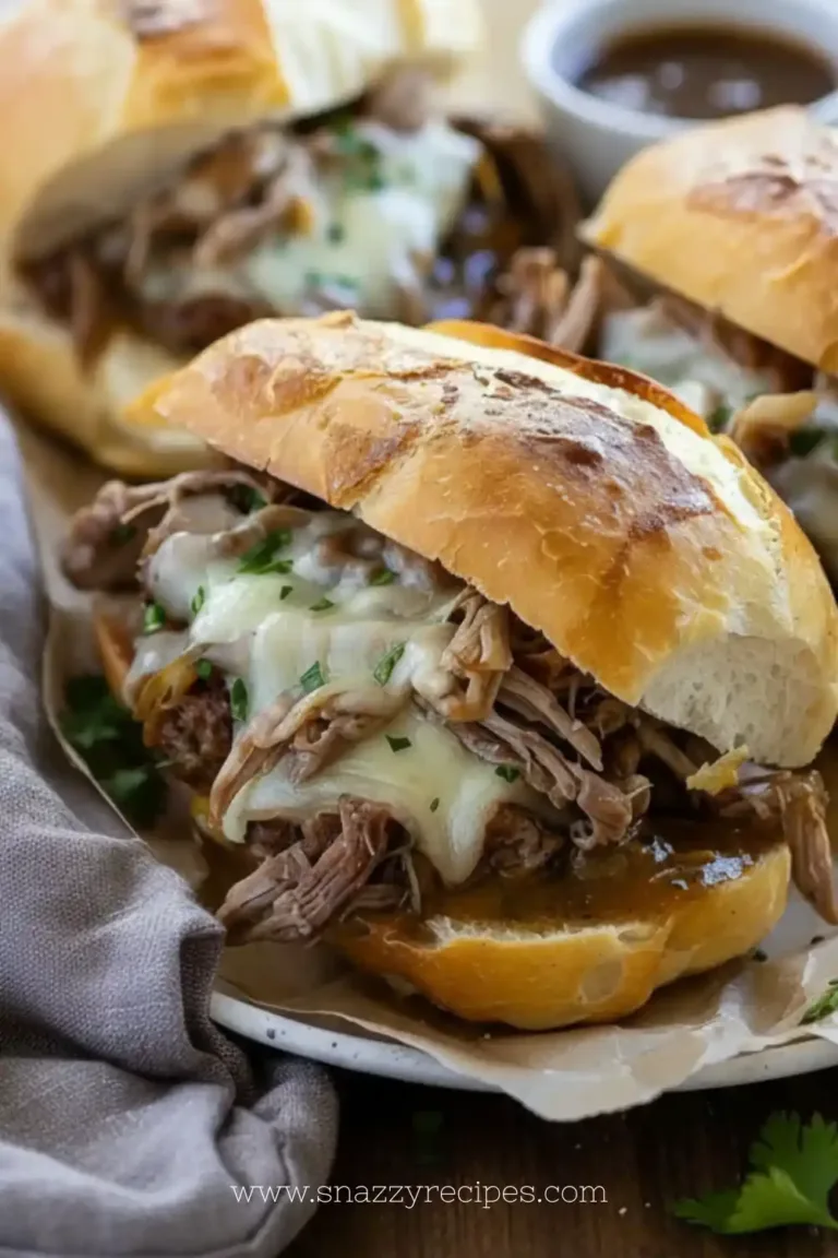 Crockpot French dip sandwiches served with au jus for dipping