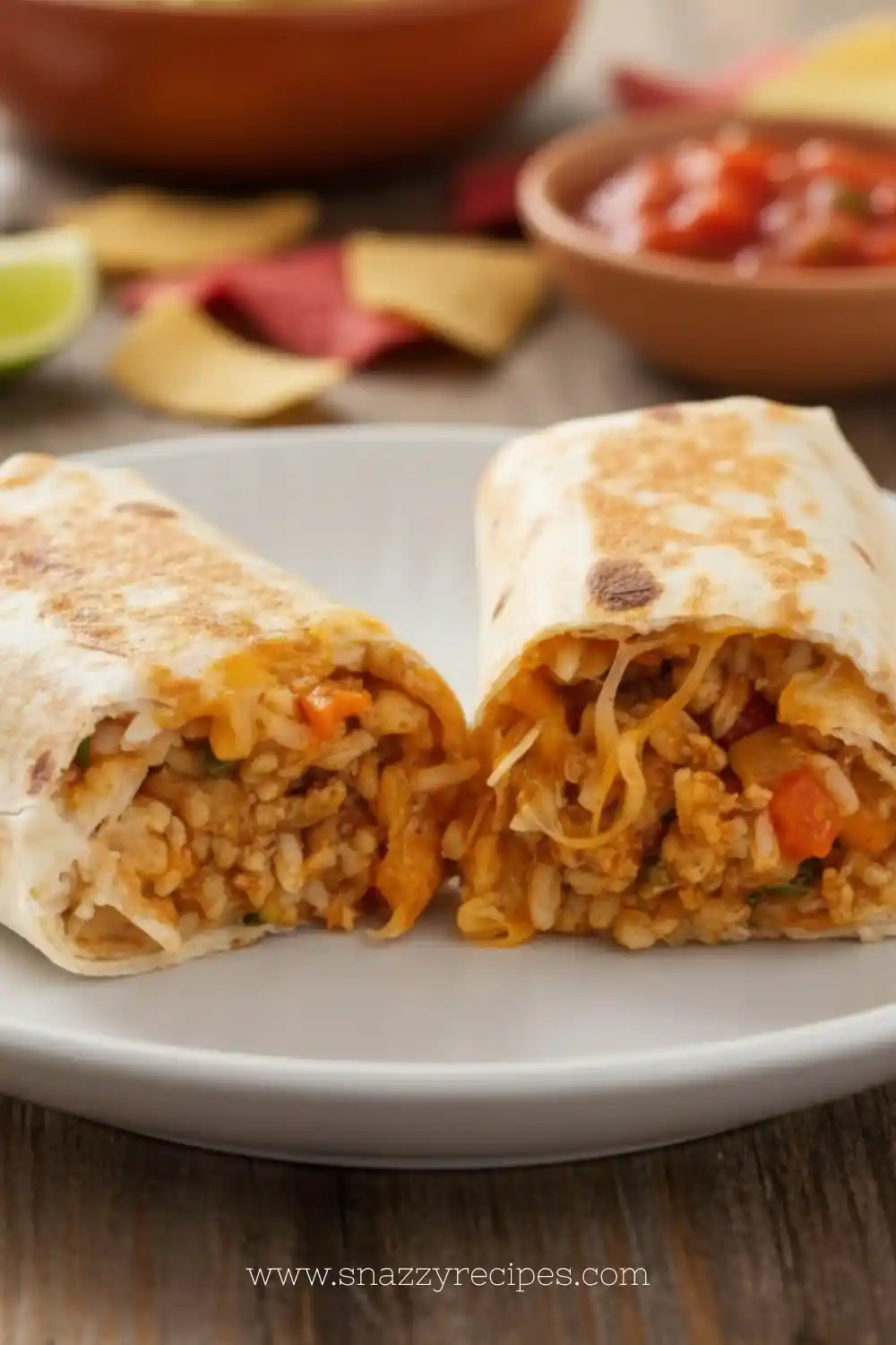 Cheesy ground chicken burritos served with toppings on a plate
