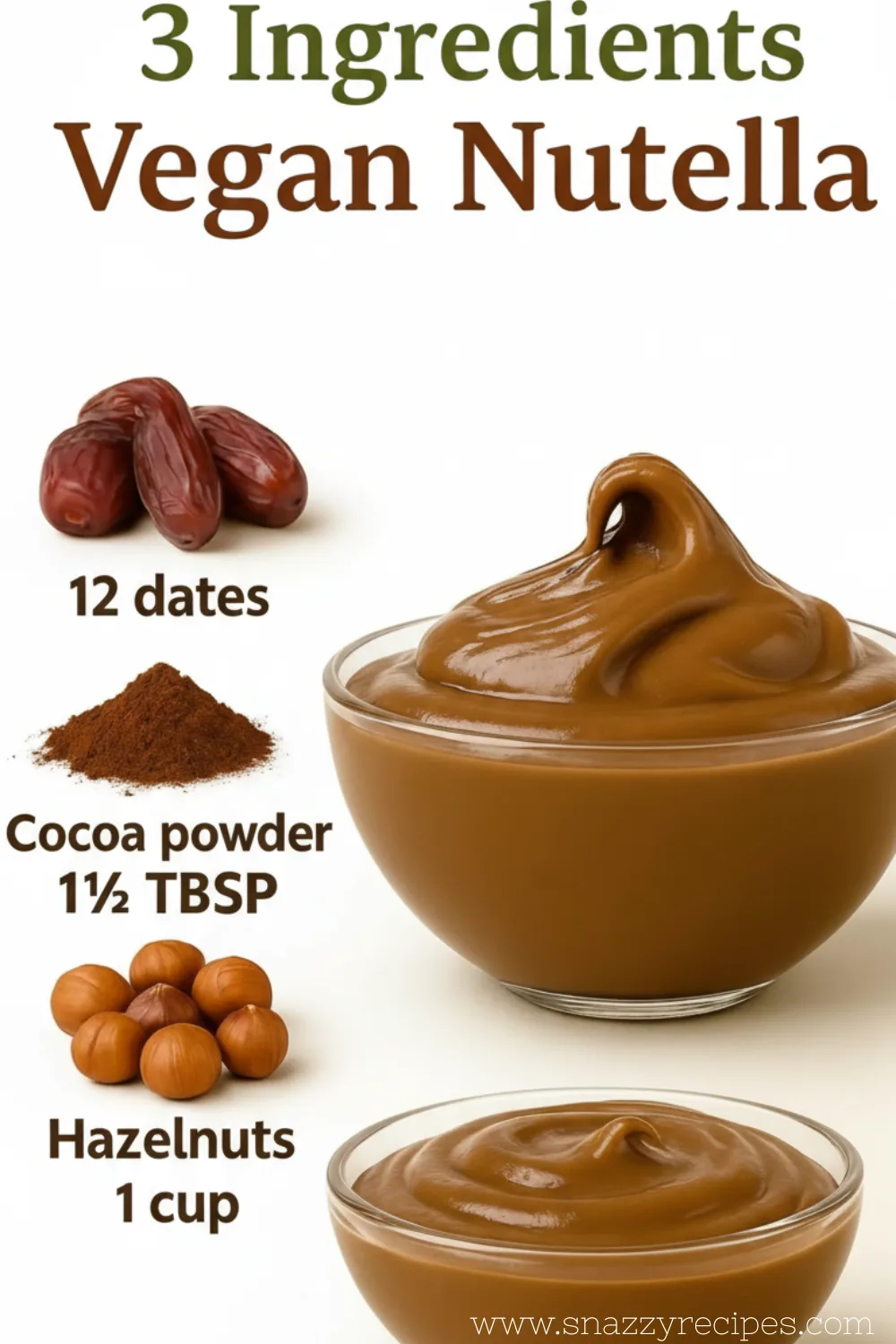 Homemade vegan Nutella spread in a jar with hazelnuts and cocoa powder