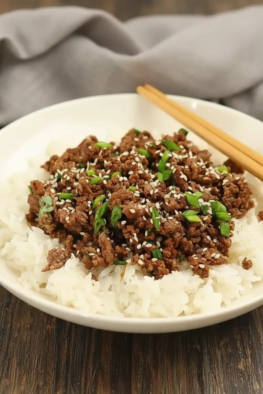 Korean Ground Beef Bowl with vegetables and rice ready to serve.