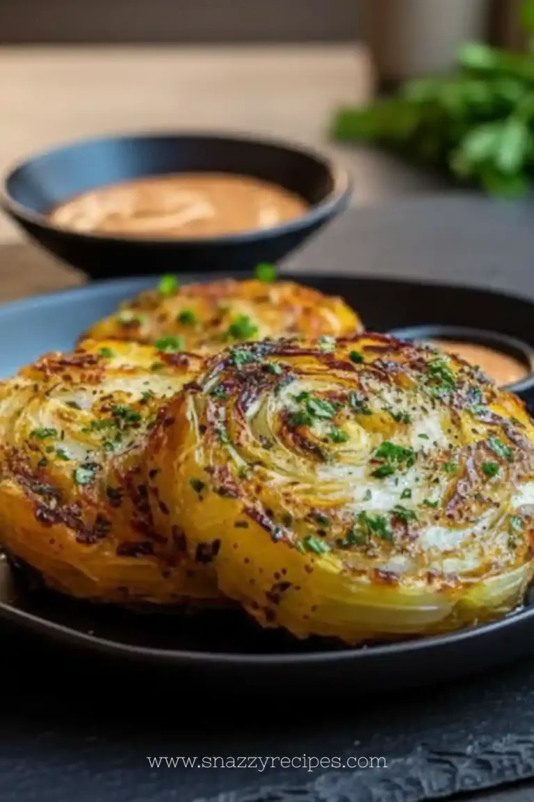 Delicious roasted cabbage steaks served on a plate with herbs and spices.