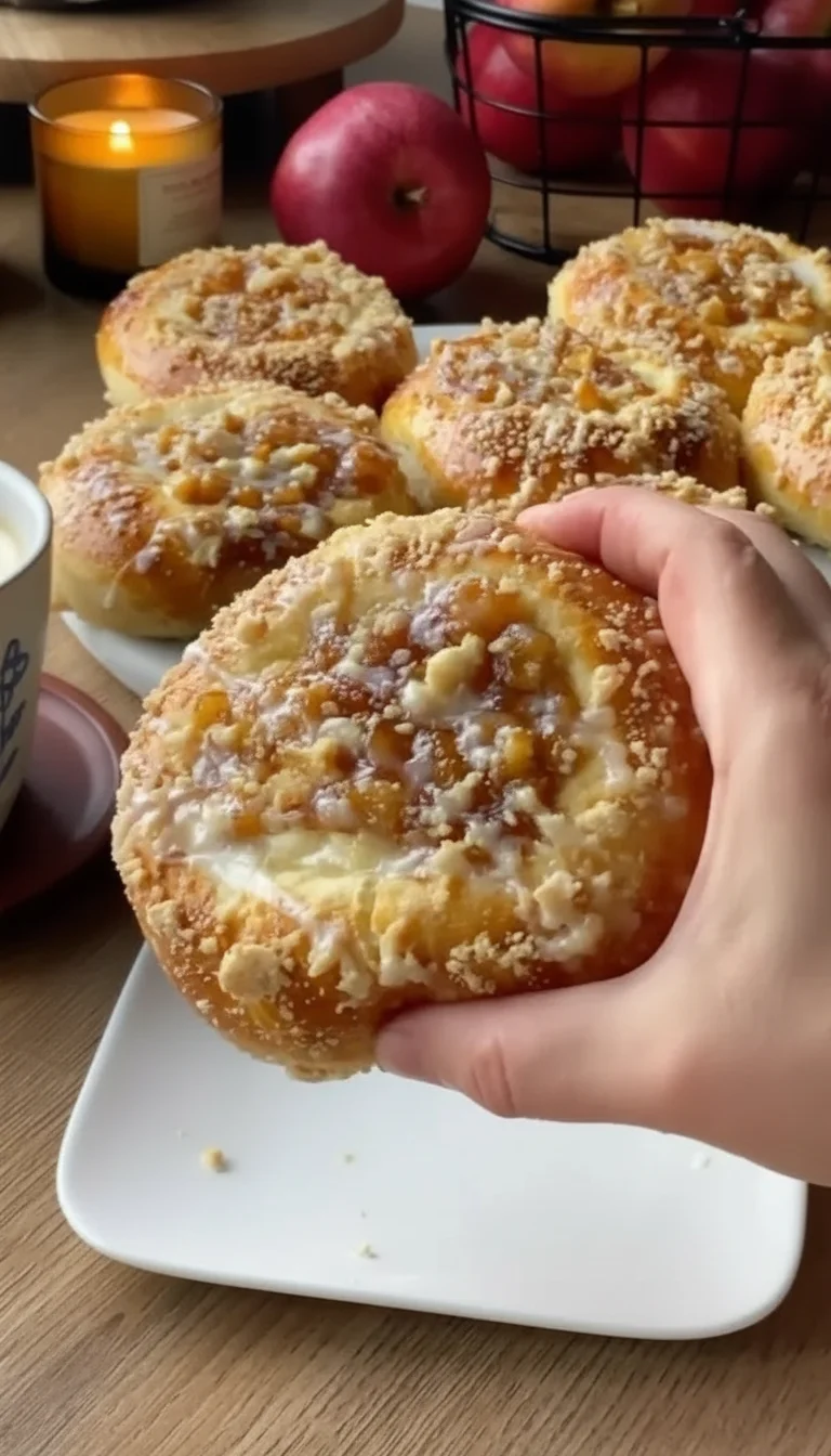 Apple Cheesecake Buns with a Crumble Topping and Sweet Glaze