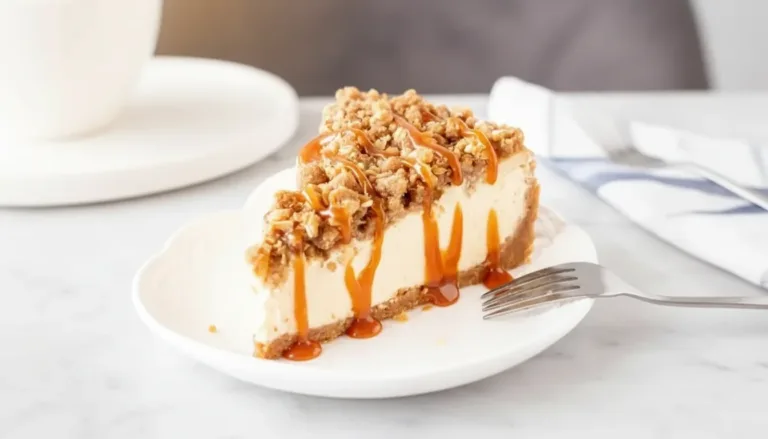 Delicious slice of Apple Crisp Cheesecake with a golden apple topping