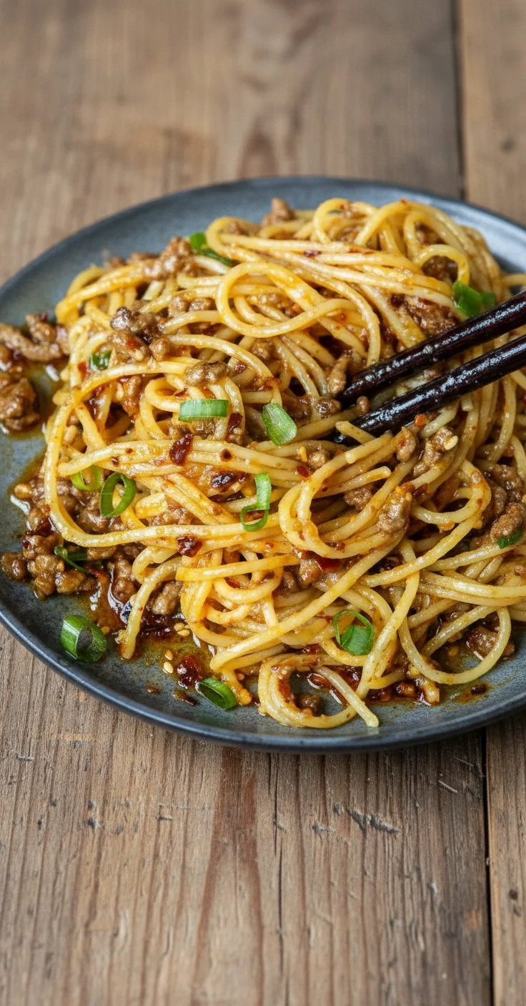 Asian-style Ground Beef Spaghetti served in a bowl with colorful vegetables