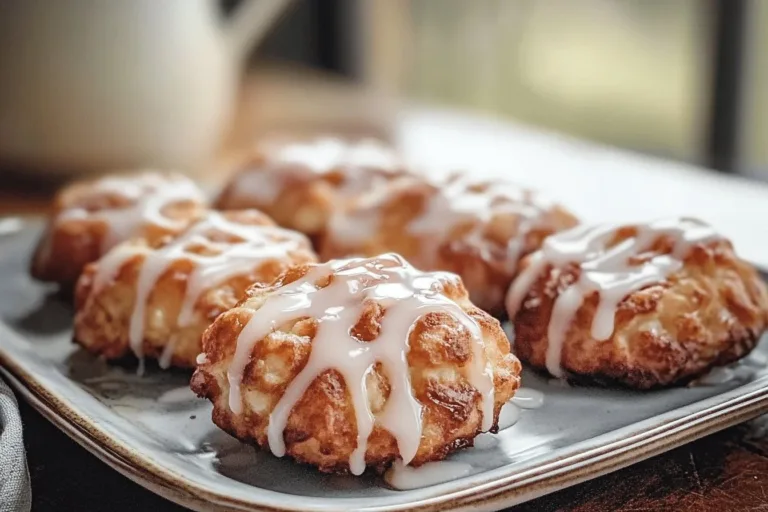 Baked apple fritters drizzled with glaze on a plate