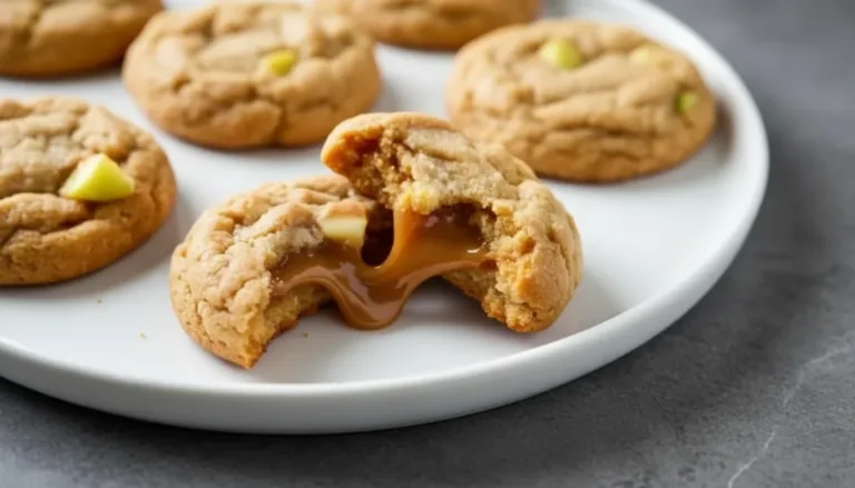 Delicious Caramel Apple Cookies fresh from the oven topped with caramel drizzle.