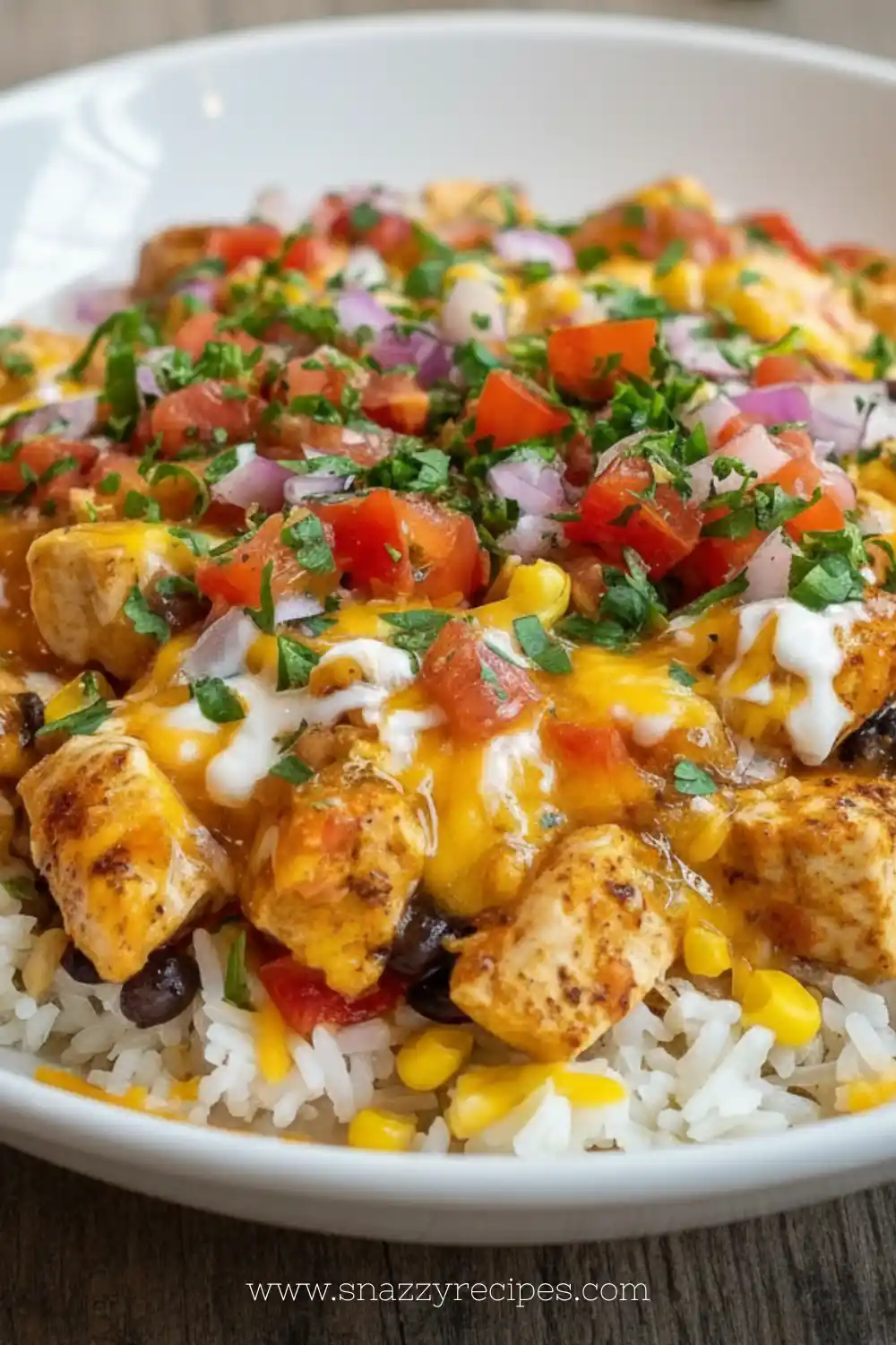 One-Pot Cheesy Southwest Chicken & Rice dish with creamy sauce and spices