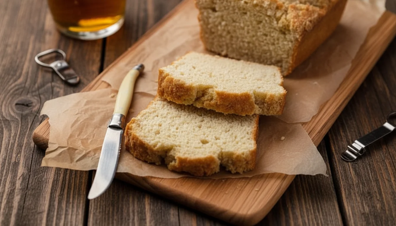Loaf of Classic Beer Bread with beer bottle on a wooden table