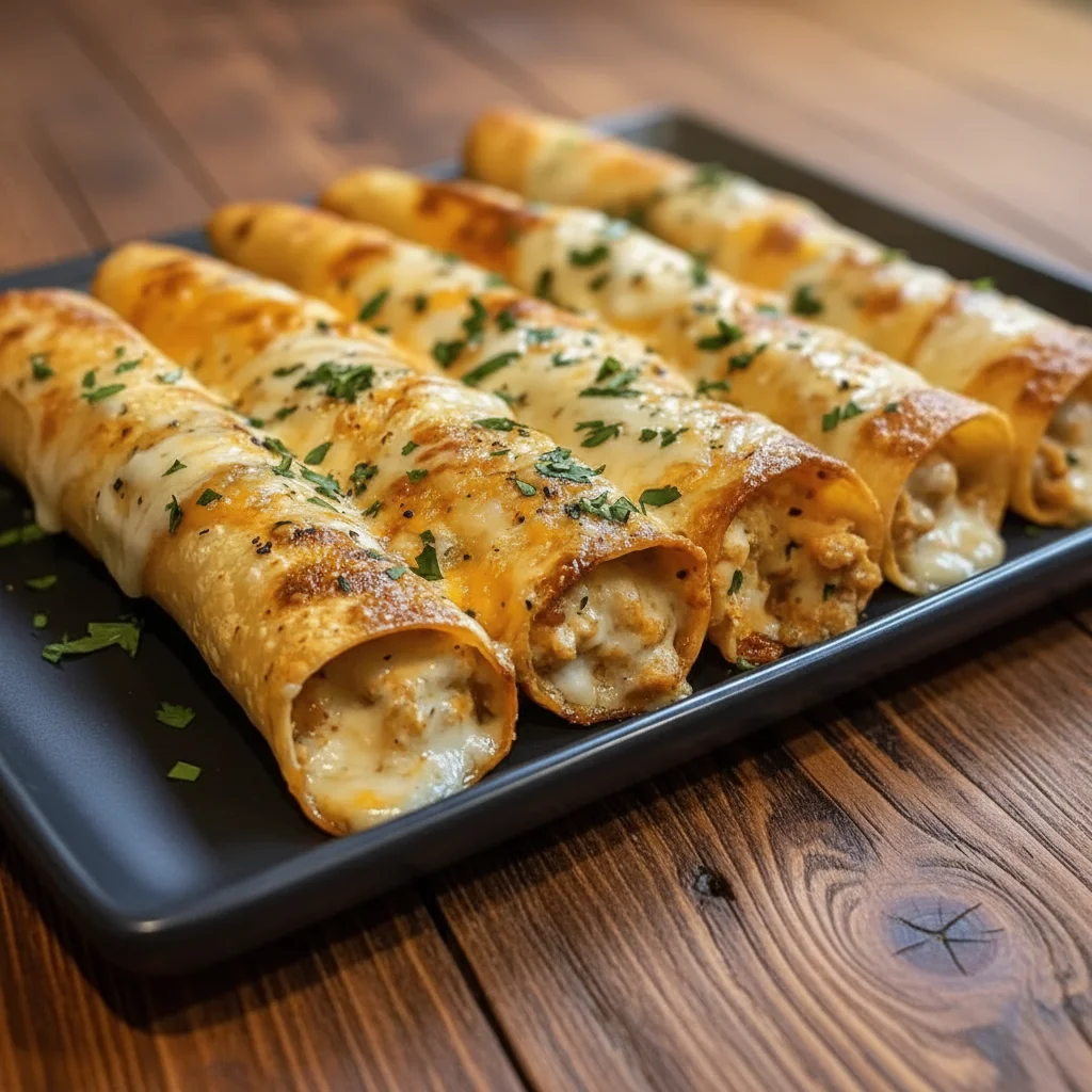 Crispy chicken taquitos served with dipping sauce on a plate