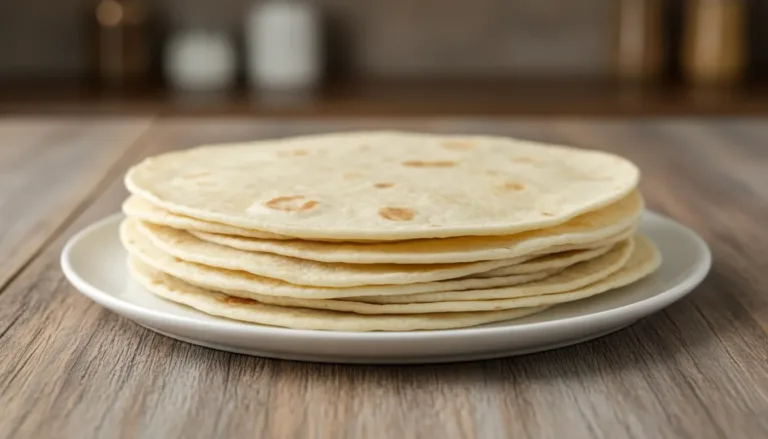 Homemade easy flour tortillas displayed on a wooden surface.