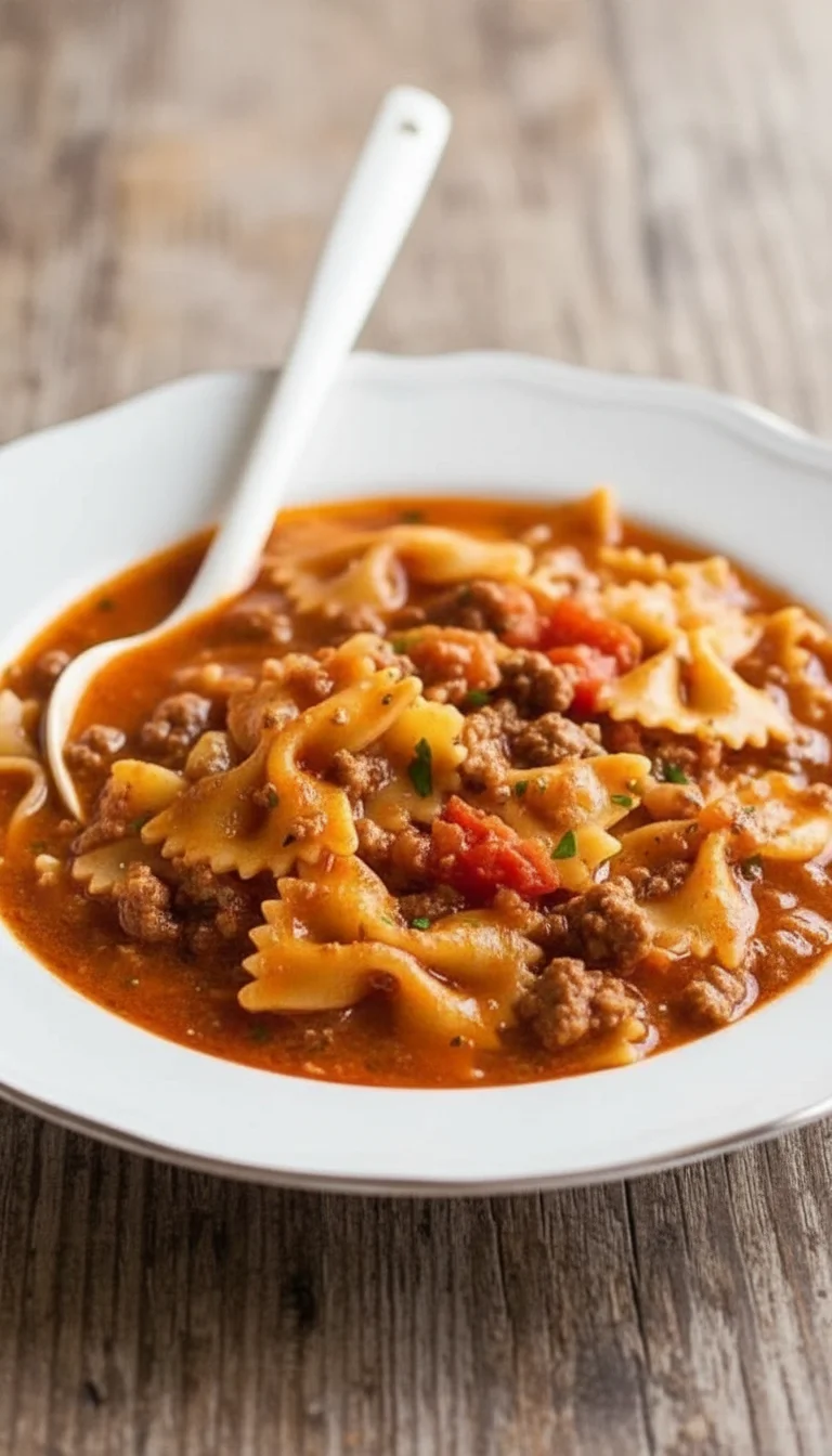 Delicious bowl of easy lasagna soup topped with cheese and herbs