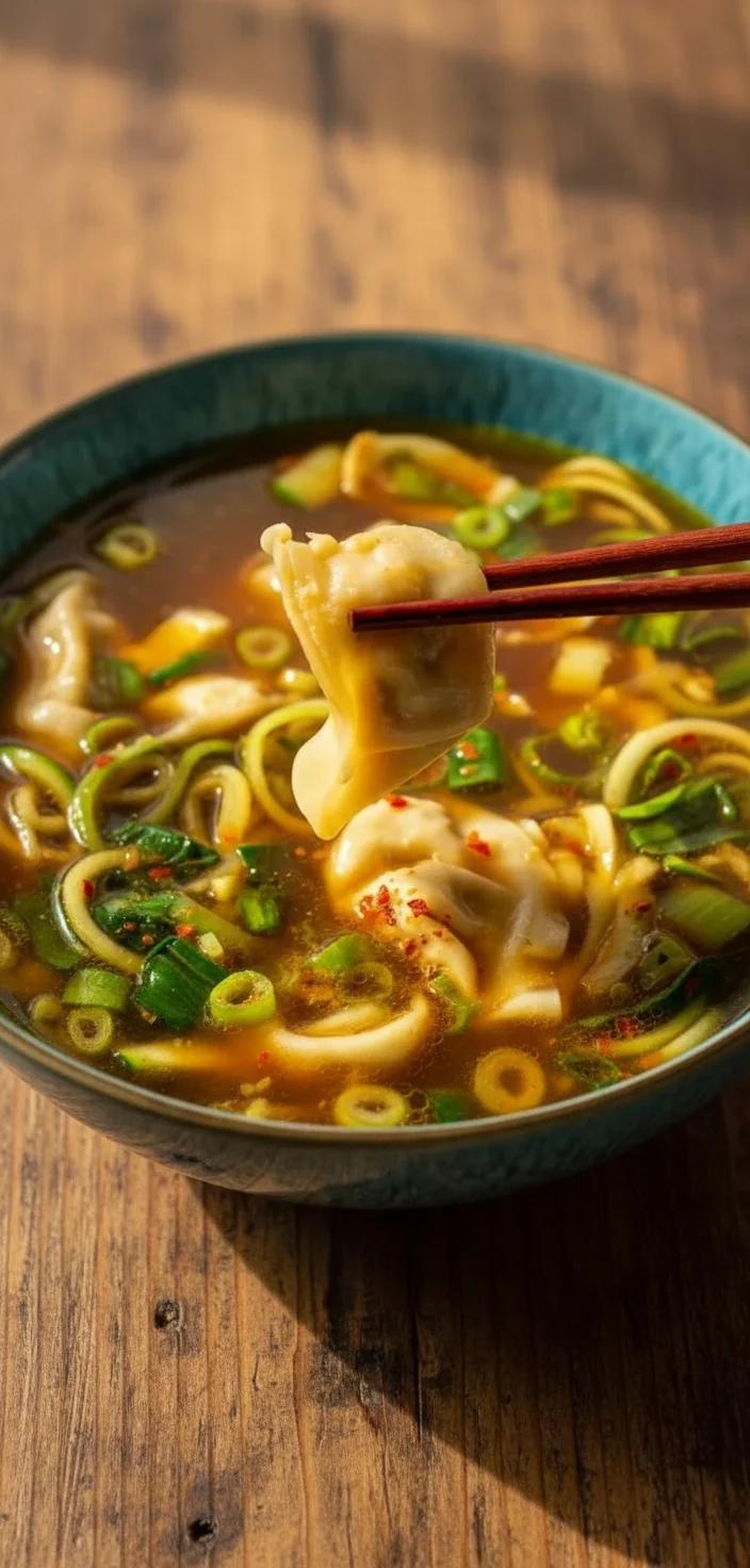 Bowl of flavorful Gyoza Soup with dumplings and vegetables