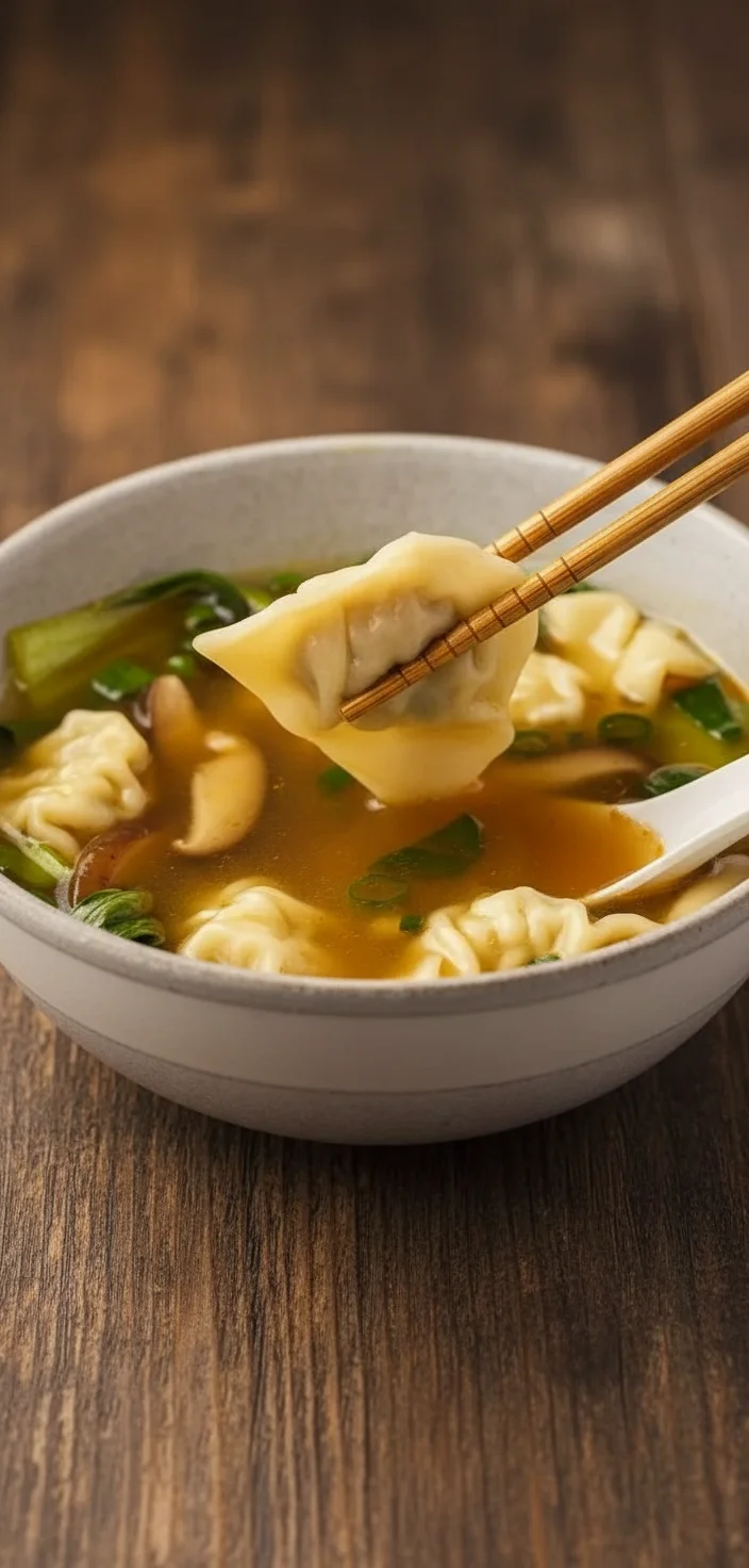 A bowl of quick and easy wonton soup garnished with fresh herbs and vegetables.