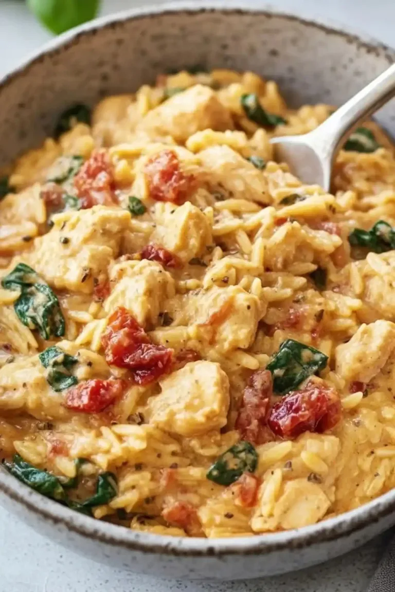 Slow Cooker Creamy Tuscan Chicken Orzo served in a bowl with garnishes