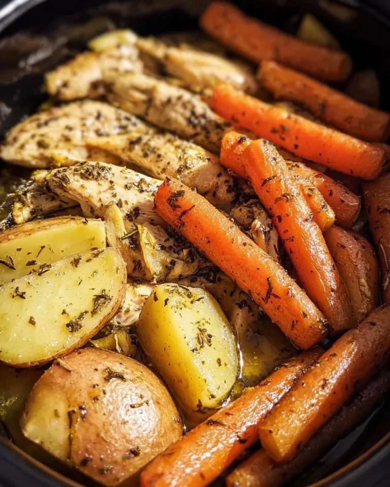Slow cooker garlic butter chicken with vegetables served on a plate
