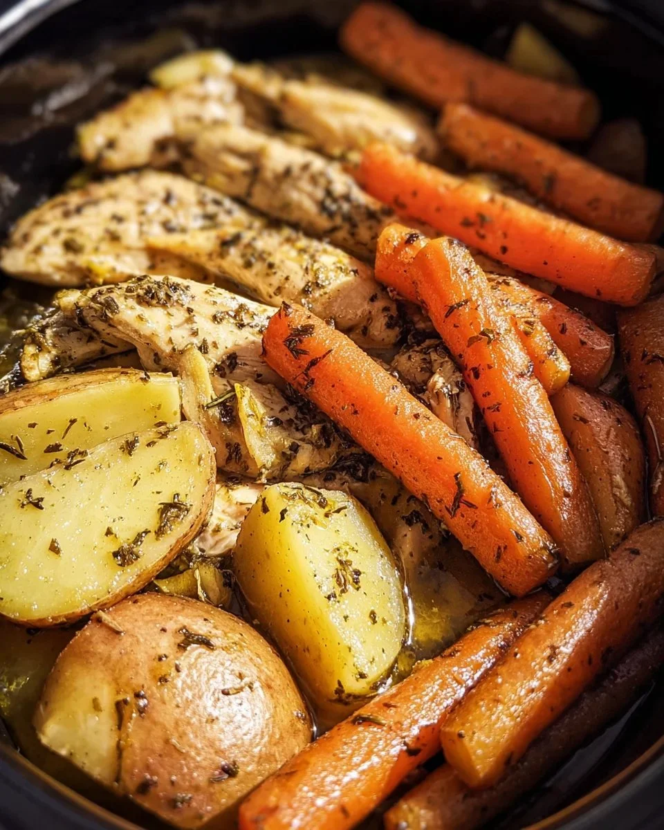 Slow cooker garlic butter chicken with vegetables served on a plate