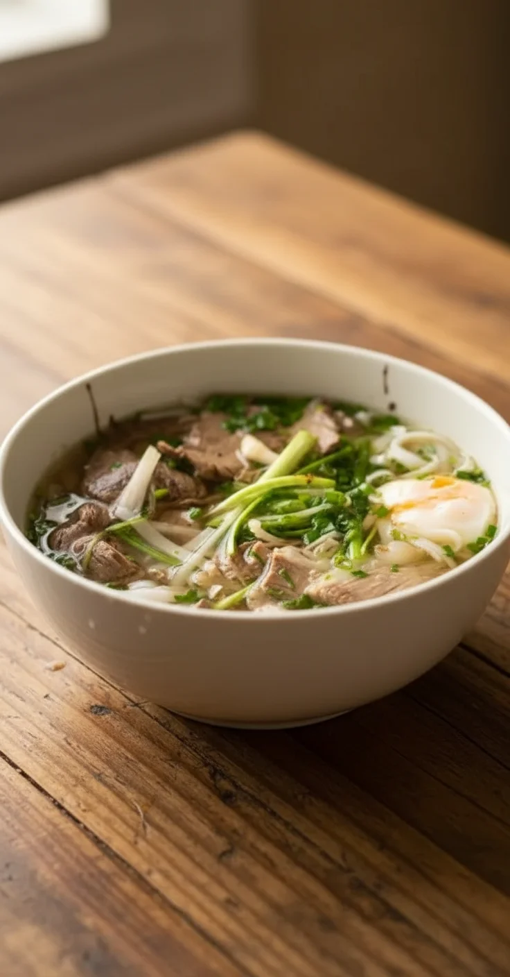 Delicious Vietnamese beef pho noodle soup served in a bowl