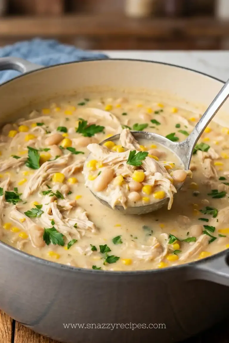 Bowl of delicious white chicken chili recipe garnished with herbs