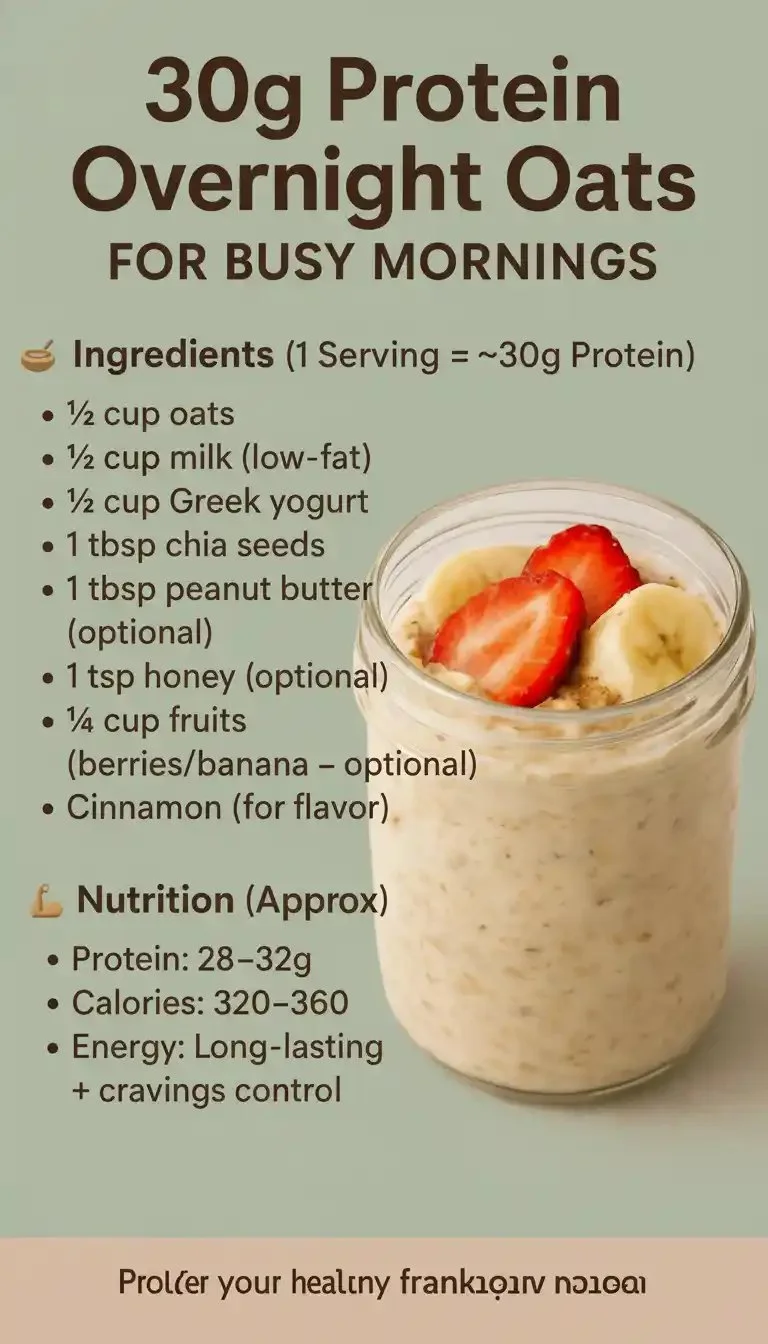 Bowl of 30g protein overnight oats topped with fruits and nuts