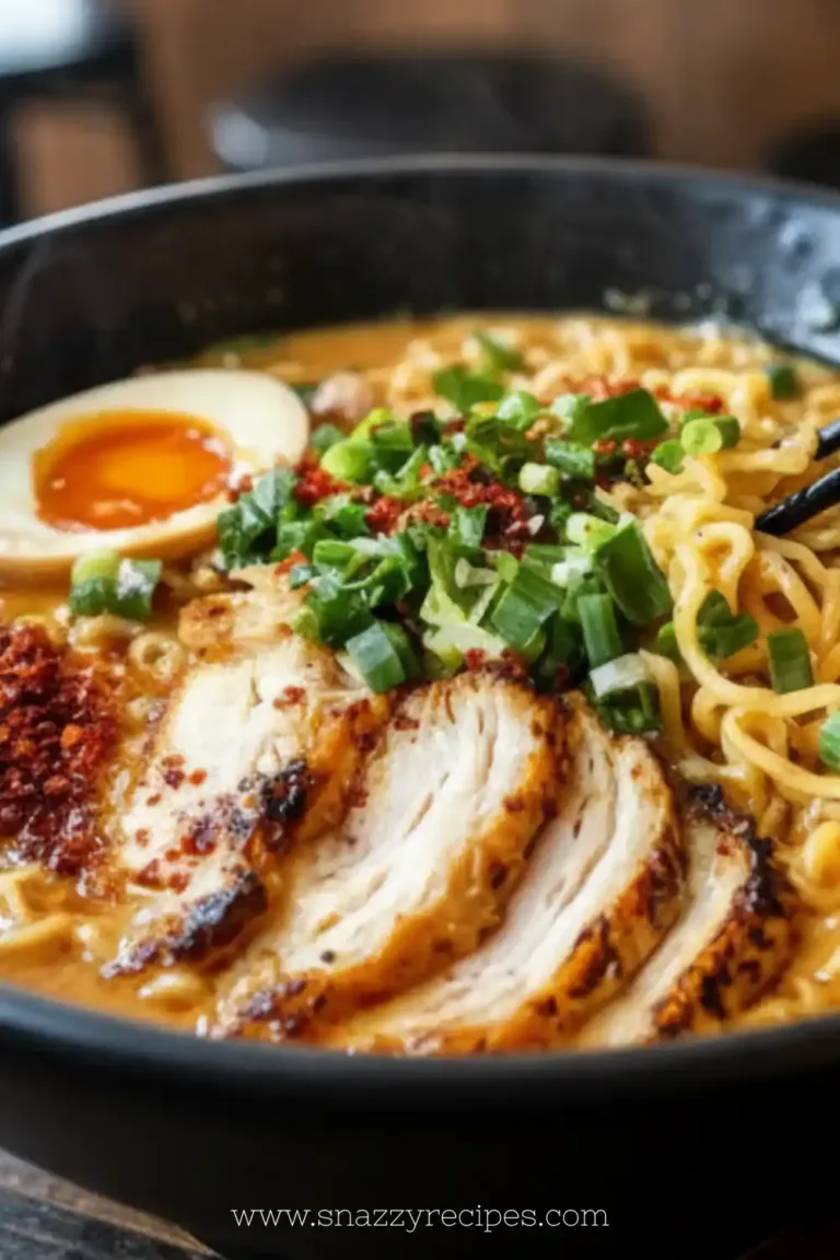 Bowl of creamy garlic chicken ramen topped with green onions and garlic.