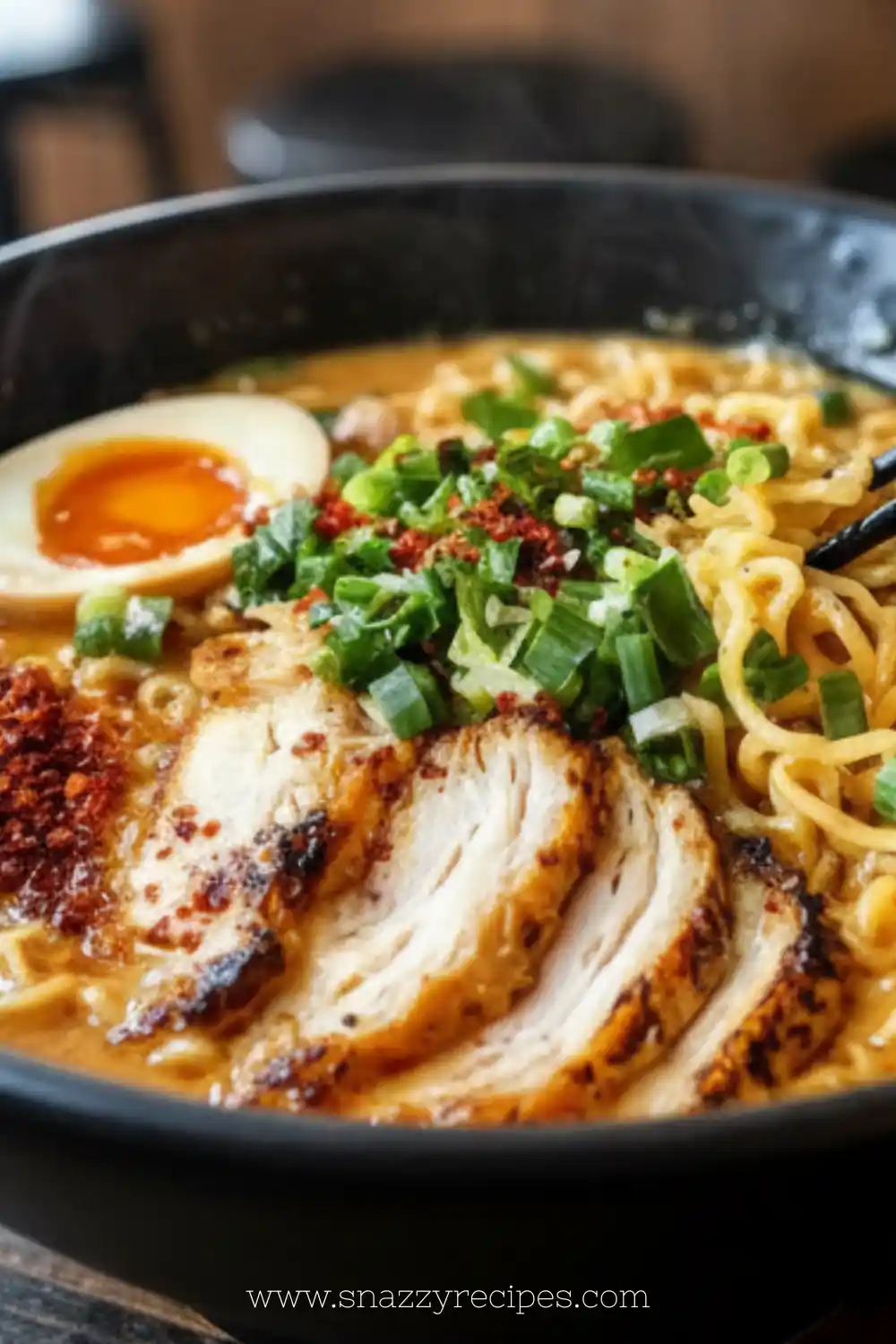 Bowl of creamy garlic chicken ramen topped with green onions and garlic.