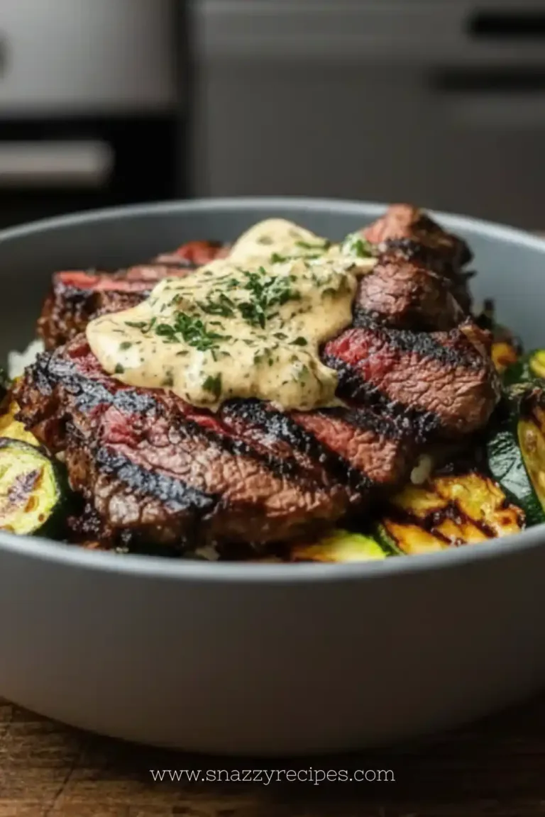 Grilled steak bowl with sauce and grilled zucchini in a white bowl